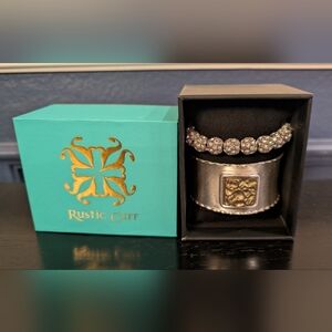 Beautiful Rustic Cuff Silver And Gold Bracelet Set With Box